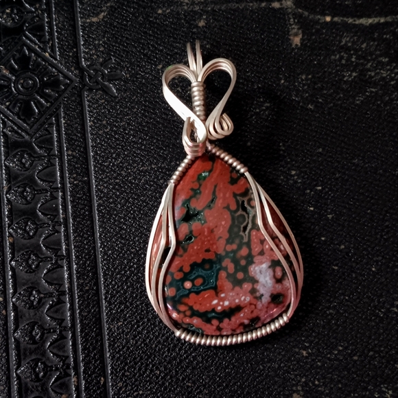 Ocean Jasper Pendant - Red and Silver Fairy Jewelry - Silver Wire Wrapped - Picture 3 of 4